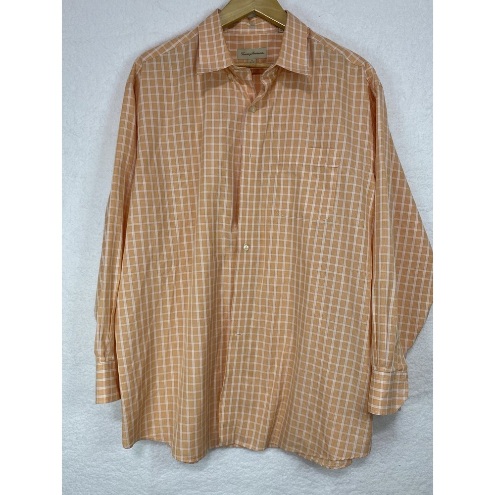 Tommy Bahama Mens 17 32-33 Orange White Check Long Sleeve Button Down‎ Shirt
